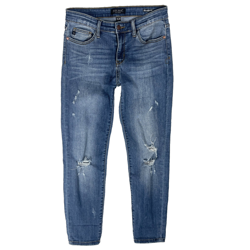 Judy Blue JB8271 DK Jeans 9 29 Mid Rise Distressed Relaxed Stretch 90s Spandex